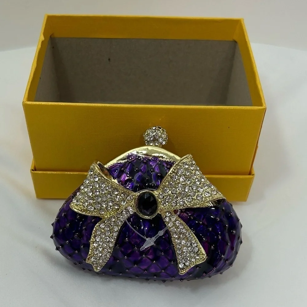 Purple Crystal Bow Minaudiere Evening Clutch Bag Gold Tone Rhinestone Hard Shell